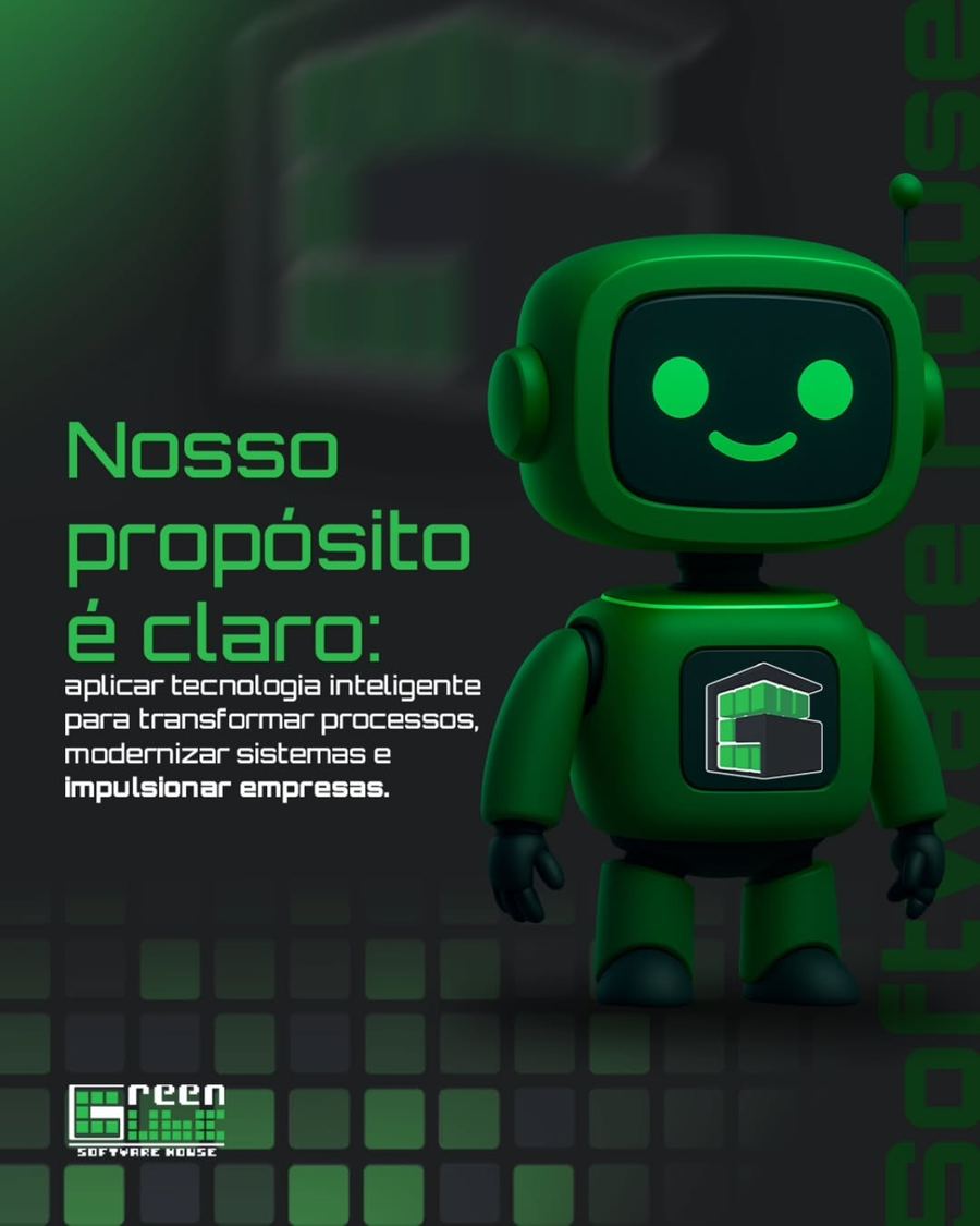 Mascote robô verde da GreenCube com o brasão no peito